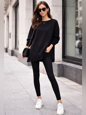 NA-KD Oversized Sweatshirt Tunic Pleated Sheer Hem Cotton Asymmetrical Crew Top